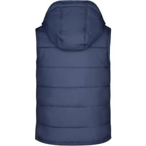 A navy blue padded vest with a hood, featuring a quilted design and vertical stitching.