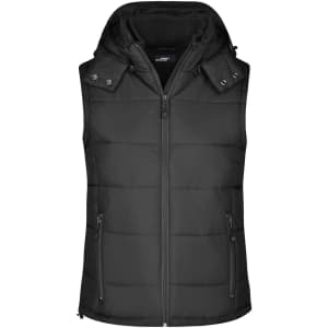 A black padded vest with a zip front, features a hood and two zippered side pockets. It has a logo on the front.