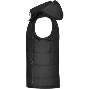 A black padded vest with a hood, featuring a zip pocket on the side and a quilted design.