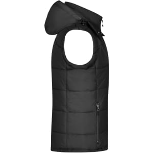 A black padded vest with a hood, featuring a side zipper pocket and a quilted design.