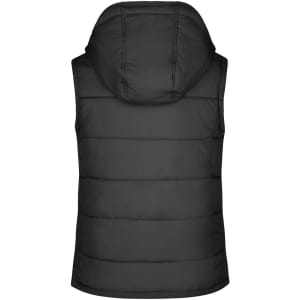 A ladies padded vest in black with a hood, featuring a quilted design and a logo.