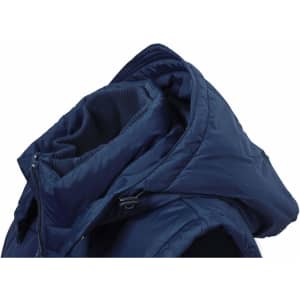 A navy blue padded vest with a hood, featuring a zip closure and an internal lining. It has a logo.