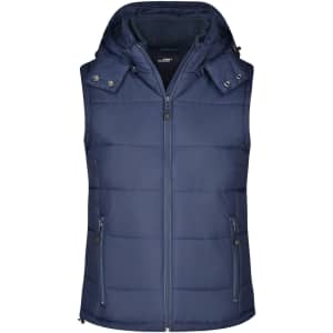 A navy ladies padded vest featuring a hood, zip closure, and two front pockets with a logo.