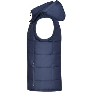 A navy padded vest with a hood and zippered pocket, featuring a slight shine and quilted design.