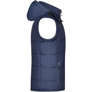 A navy padded vest with a hood, featuring a zippered pocket and a sleek, quilted design.