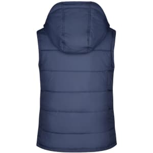 A navy padded vest with a hood, featuring horizontal stitching and a logo on the back.