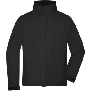 A black rain jacket with a high collar and long sleeves, featuring a logo on one side.