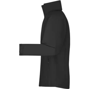 A black men's outer jacket with a high collar and long sleeves, featuring a logo. Suitable for rain protection.