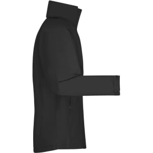 A black men's outer jacket is displayed, featuring a high collar and a side view showcasing the sleeve. It has a logo.