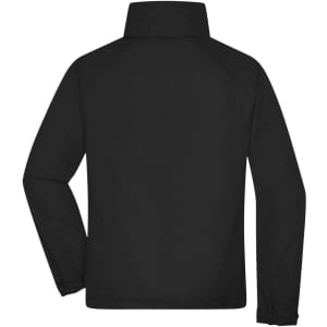 A black men's outer jacket with a high collar and elastic cuffs. The back view shows a simple design and logo.