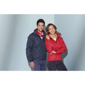 A navy men's outer jacket and a red women's rain jacket, both with hoods, displayed on models.