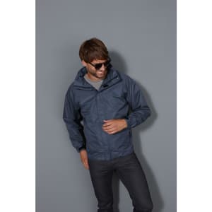 A men's outer jacket in navy, featuring a hood, worn by a model with sunglasses, set against a grey background.