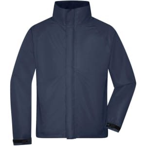 A navy rain jacket with a high collar and black cuffs, featuring a logo. Suitable for outdoor wear.