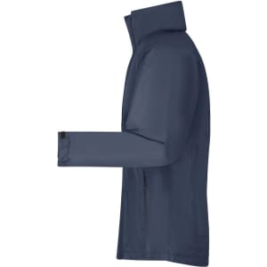 A mens outer jacket in navy blue, featuring a collar and long sleeves, with a logo on the exterior.
