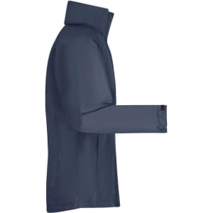 A rain jacket in navy blue with a sleek design and a collar, featuring a logo on the sleeve.