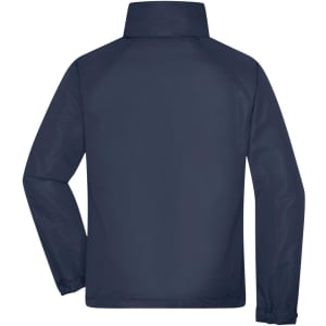 A navy men's outer jacket with a high collar and long sleeves, featuring a logo on the back.