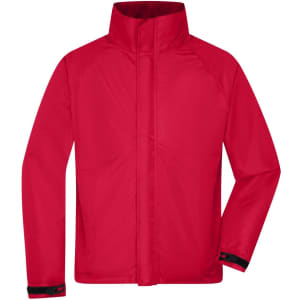 A red men's outer jacket featuring a high collar and adjustable cuffs, with a logo on the front.