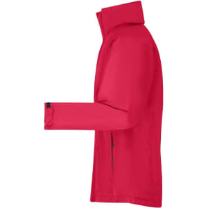 A bright red men's outer jacket, featuring a high collar and long sleeves, with a logo on the sleeve.