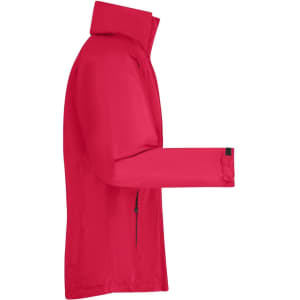 A vibrant red men's outer jacket, featuring a zip closure and a logo, displayed from the side.