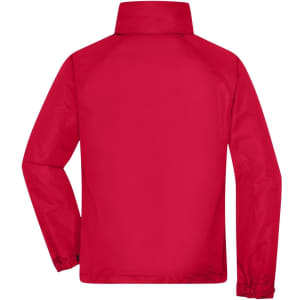 A red men's outer jacket with a high collar and long sleeves, featuring a logo on the back.