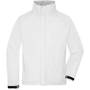 A white rain jacket with a high collar and black accents on the cuffs, featuring a logo on the sleeve.