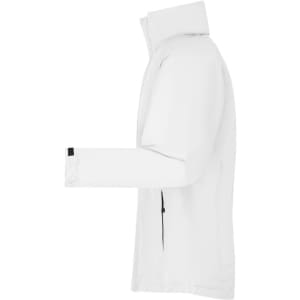 A white rain jacket with a high collar and a side zipper, featuring a logo on the sleeve.