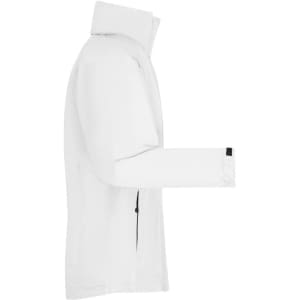 A white men's outer jacket with a high collar and a logo, designed for rain protection.