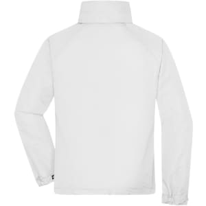A men's outer rain jacket in white, featuring a simple design and a logo on the back.