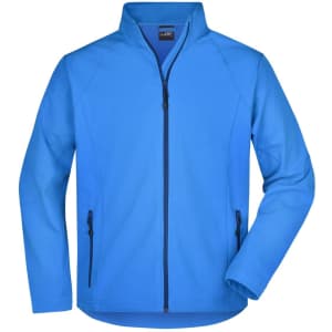 A blue men's softshell jacket with a high collar and zipped front, featuring side pockets and a logo.