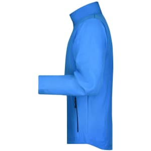 A blue men's softshell jacket with a zip pocket, displayed from the side. It features a high collar and long sleeves.