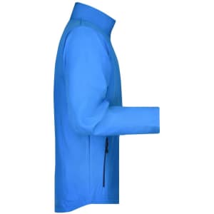 A men's softshell jacket in a vibrant blue colour with a zippered pocket and a collar.