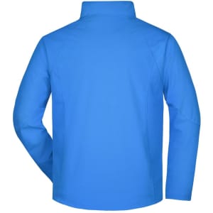 A blue men's softshell jacket with a high collar and no visible branding, viewed from the back.