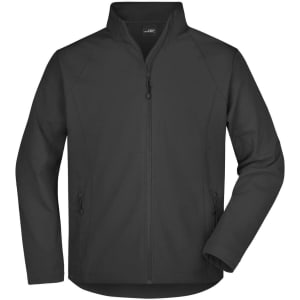 A black men's softshell jacket with a zip front and side pockets, featuring a logo on the chest.