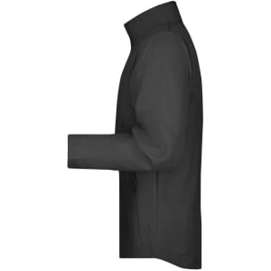 A men's softshell jacket in black, featuring a zippered front and a stand-up collar. It has a branding logo.