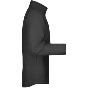 A black men's softshell jacket displayed from the side, featuring a high collar and a zip closure.
