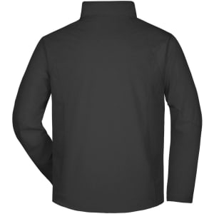 A black men's softshell jacket featuring a high collar and a simple design, with a logo on the back.