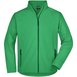 A green men's softshell jacket with a zip front and side pockets. It features a logo on the chest area.