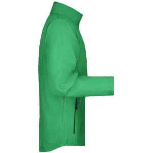 A green men's softshell jacket featuring a zippered pocket and a high collar. It has a logo on the chest.