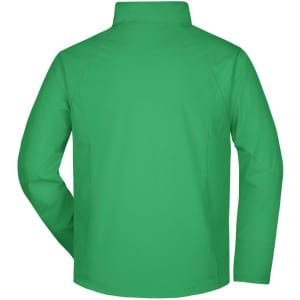 A green men's softshell jacket featuring a collar and long sleeves, with a logo on the back.