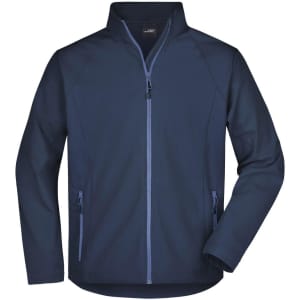 A navy softshell jacket featuring a full zip and zippered side pockets. It has a simple design with a logo.