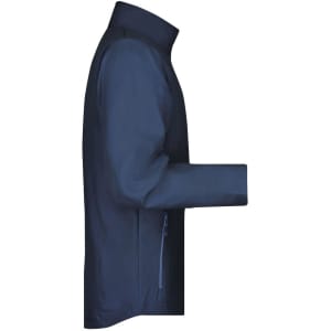 A navy softshell jacket with a high collar and side zipper pockets. It features a simple design and has a logo.