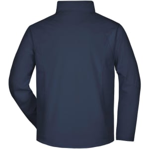 A navy men's softshell jacket displayed from the back, featuring a standing collar and a logo on it.