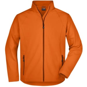 An orange men's softshell jacket with a zip front and two side pockets. The jacket features a logo on the chest.