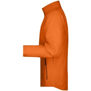 An orange men's softshell jacket featuring a zippered pocket and a high collar. It has a logo on the front.