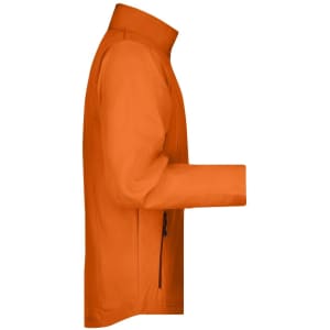 An orange men's softshell jacket with a high collar and a zippered pocket on the side.