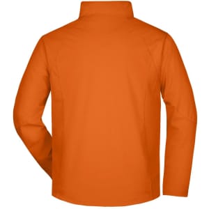 An orange men's softshell jacket featuring a simple design and a collar, with a logo on the back.