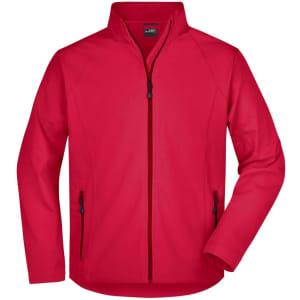 A red men's softshell jacket with a high collar and zipper pockets, featuring a logo on the chest.