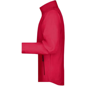 A red men's softshell jacket with a sleek design and side zip pockets. It features a logo on the chest area.