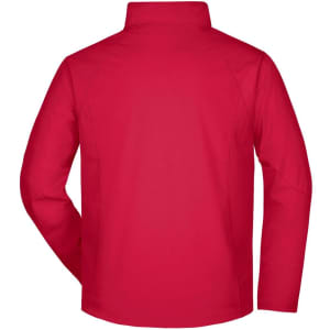 A red men's softshell jacket viewed from the back, featuring a collar and a logo.