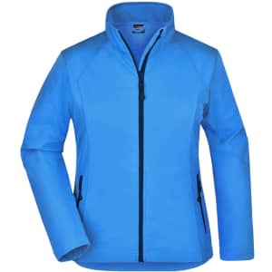 A ladies softshell jacket in bright blue with a zip front and side pockets, featuring a logo.